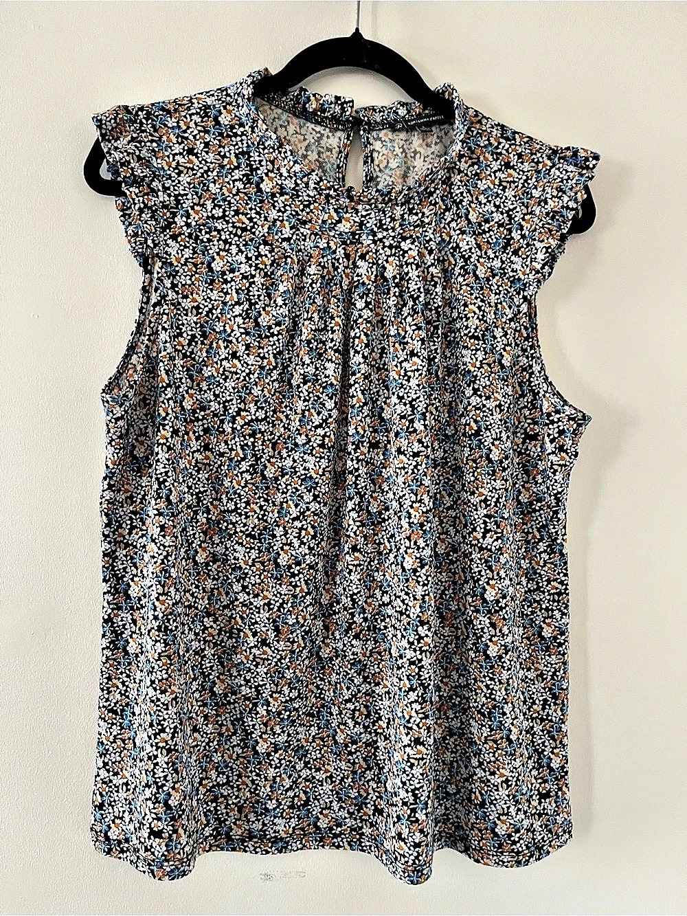 Adrianna Papell Blue Orange Floral Print Flutter Sleeve Blouse Large Office Work